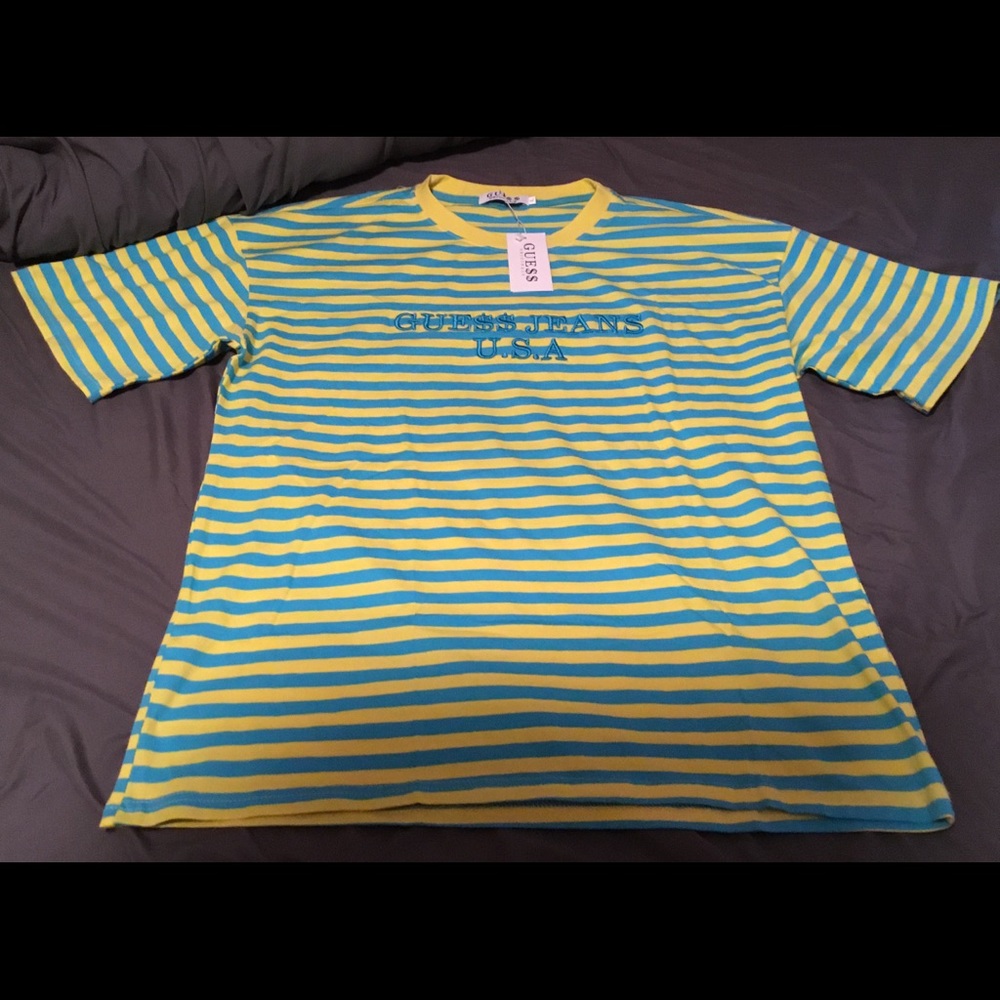 Guess Jeans USA Yellow and blue striped Tee XL